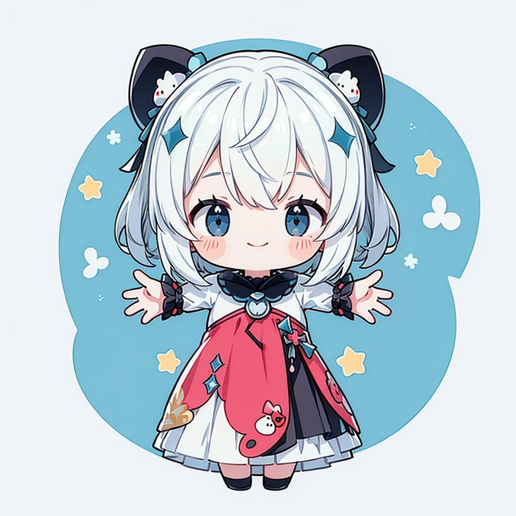 Little、cute、Highest quality、Masterpiece、Award-winning works、Full HD、Ultra-high resolution、Best aesthetics、Highest qualityの足の描写、Anime Style、Flat avatar、Milky white hair color、Long Straight Hair、Smiling, jumping and spreading his arms out in joy、Inside a circular shape、Chic black and red dress、Holographic transparent seven-color background、Sanrio Character Plush Toys、