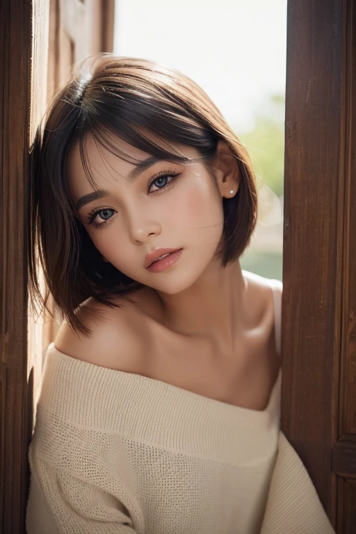 A highly detailed and high-resolution. She has a small, delicate face with a slightly cat-like appearance. Her eyes are large, black, and slightly upturned, giving a mysterious and captivating look. She has a small, well-defined nose and a small, elegant mouth. Her skin is smooth and fair, with a subtle glow. Her makeup emphasizes her eyes, with bold eyeliner and a touch of mascara to enhance her natural beauty. Her lips are painted with a soft, natural pink color. Her hair is styled in a sleek, shoulder-length bob, with a slight wave. She is wearing a fashionable outfit that complements her sophisticated and chic style. The background is simple and neutral to keep the focus on her face.