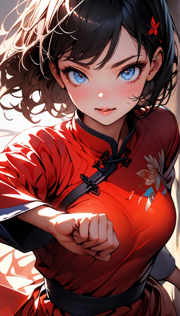 (highest quality:1.2, Very detailed, Latest, Vibrant, Ultra-high resolution, High Contrast, masterpiece:1.2, highest quality, Best aesthetics), (Small face), (Very detailedな肌:1.2), One Woman, beautiful girl, Beautiful Face, A girl in a Chinese dress practicing kung fu, Beautiful detailed eyes, Beautiful detailed lips, Very detailedな目と顔, Long eyelashes, martial arts expert, Strong and agile movements, Flowing sleeves and dress, Graceful posture, Training in a serene garden at dawn, wood々Sunlight shining through, Subtle shadows that add depth to the scene, Delicate flowers blooming in the background, Traditional Chinese architecture in the distance, Dynamic pose mid-jump, Powerful kicks and punches, (((The right move, Clenched Fist, Anatomically correct))), Expressive faces showing determination and focus, Cowboy Shot:1.2, Colorful embroidery on the dress adds vibrancy, A harmonious color palette dominated by red and gold, Green tips from garden leaves, Soft, warm lighting creates a tranquil atmosphere.