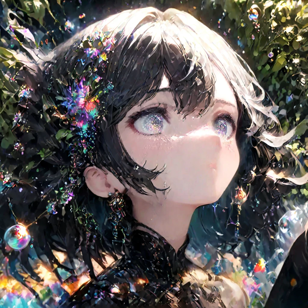 Highest quality, 4k wallpaper, 8k, ultra-high resolution, masterpiece, highly detailed CG, highly detailed eyes, ultra-detailed, complex details, public, 1:1, one girl (long black hair, slim) and one boy, a lonely girl in the center looking up, a shy and lonely girl in the center, a scene where the girl and the boy are passing by each other, neon pop abstract art style, abstract plant art, public, highly detailed flow of bubbles, dynamic art, cinematic lighting