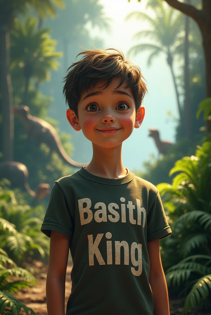 Beautiful boy in Jurassic park that's boy's name in t-shirt with text "Basith King"