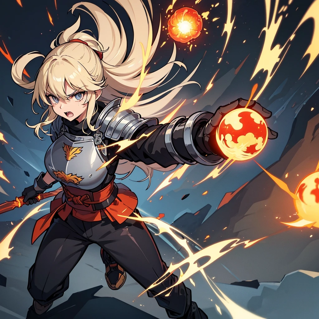 ((((Solo))))、Best illustrations、Best Quality、(Full body character concept、Character Design)、(((Grey Armor、Black trousers、Black gloves))、(woman、18-year-old)、(Blonde、Long Hair)、(Get Ready、Run)、(get annoyed、Open your mouth)、(Particles of light, light, fireball、inflammationの玉、inflammation、inflammationの魔法、Deathblow)、Dramatic Angle、Both hands in front、Diagonally below