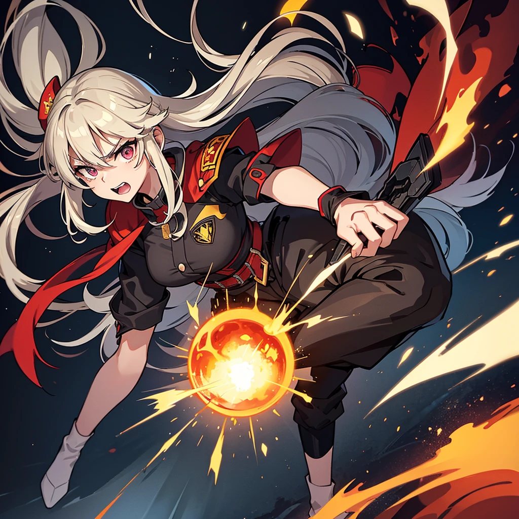 ((((Solo))))、Best illustrations、Best Quality、(Full body character concept、Character Design)、(((Grey Armor、Black trousers、Black gloves))、(woman、18-year-old)、(Blonde、Long Hair)、(Get Ready、Run)、(get annoyed、Open your mouth)、(Particles of light, light, fireball、inflammationの玉、inflammation、inflammationの魔法、Deathblow)、Dramatic Angle、Both hands in front、Diagonally below