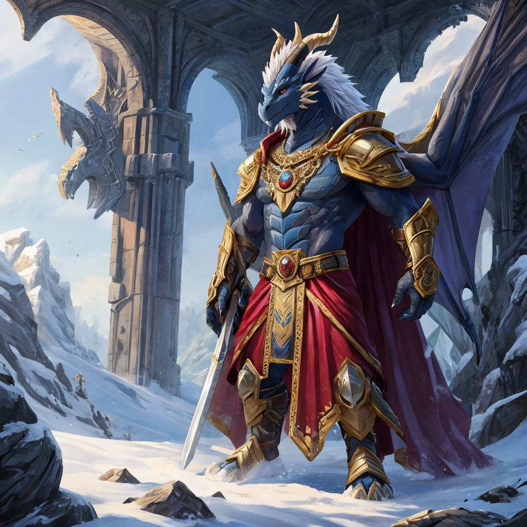 A majestic anthro ice dragon, the embodiment of power and nobility, standing proudly in a snow-covered landscape of the Ice Dragon Kingdom. This creature, 7.3 feet tall, is a striking vision with its muscular body adorned in a mix of black scales and purple plates, each one shimmering in the cold light like a crystalline tapestry. Its long, flowing white hair frames a stoic face that exudes an air of wisdom and battle-hardened experience, a stark contrast to the fiery intensity in its uncovered left eye. The right eye, however, is obscured by a leather eye patch, hinting at tales of valor and loss. The dragon wears a set of gleaming gold plate armor, which fits snugly to its body, emphasizing its physical prowess and royal lineage. A crimson cape, billowing dramatically in the icy breeze, is clasped at the shoulder with an intricate gold brooch, the color of freshly spilled blood against the stark whiteness of the snow. At its waist, a black sword of the champion rests, the weapon of choice for a leader who is as adept at diplomacy as he is in combat. Above the eye patch, a golden laurel wreath sits upon the dragon's head, a symbol of victory and the ultimate mark of respect among the dragonkind. The dragon's bare left arm, a testament to its fearlessness, is flexed, revealing scales that are as smooth as marble and as durable as steel. This is not just any creature; this is the rightful prince, the Commander of the Imperial Guard, a leader who has earned his place through valor and strategy, ready to protect and serve his kingdom with every breath he takes.