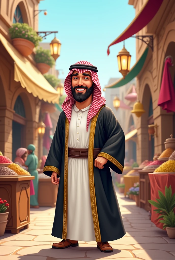 Create a cartoon character of an Arab man. He should be wearing traditional attire, including a white thobe, a black bisht with gold trim, and a red and white keffiyeh with an agal. He has a friendly smile and a well-groomed beard. The background should feature a lively Middle Eastern market with colorful stalls, lanterns, and traditional architecture. The character is a local merchant known for his warm hospitality and expertise in spices and textiles.