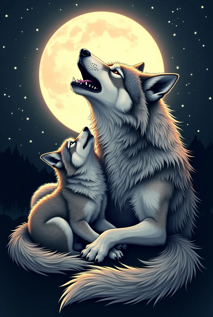 Image of a big wolf and her resting on her belly and both howling at the moon in the same direction. It's for a tattoo, So I need a vector of lines or strokes as if it were an image to paint