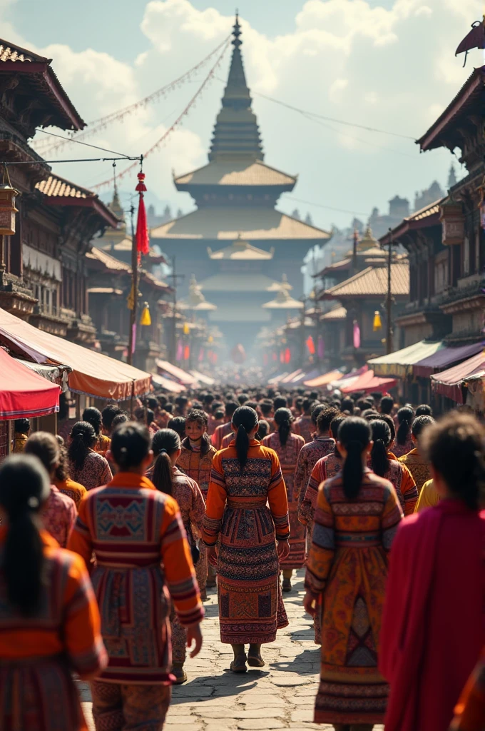 Kathmandu vintage city celebrating Indrajatra festival with lots of people wearing newa dress back ground lots of temples