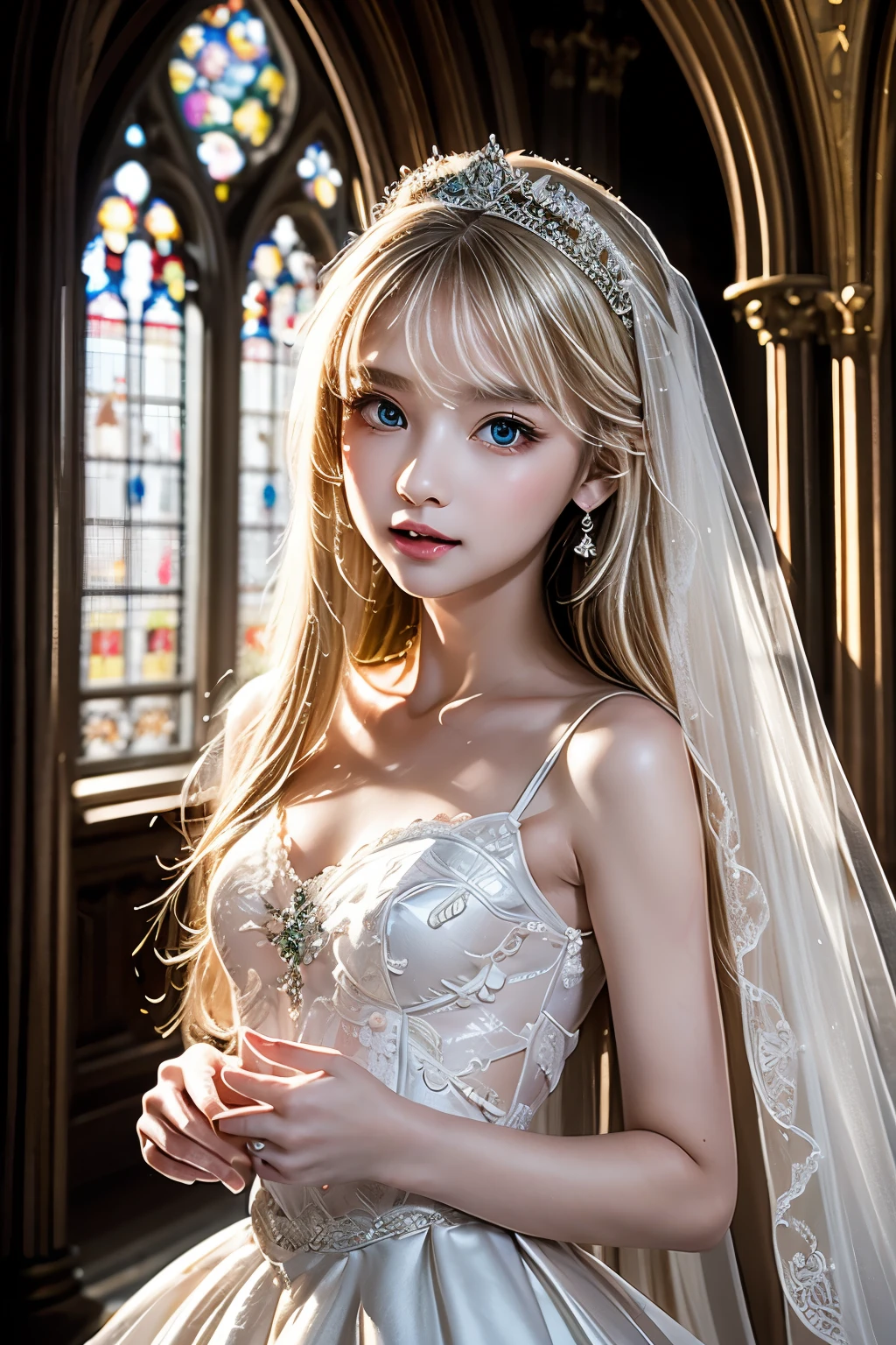 masutepiece、masutepiece、ultra-definition、accurate depiction、extremely high detail、8K picture quality、one girls、(18 year old pretty woman、18year old)、small head、Cute face、a blond、half up、Blue eyes、perfect glossy skin、((tre anatomically correct))、Perfect body:1.1、high-level image quality、​masterpiece、Look at viewers、(White princess dress、Golden flower embroidery)、A transparent veil was lightly draped over her head、A simple golden pendant around her neck、sexypose、Overflowing breasts、the royal palace、Large stained glass windows、Enveloping her presence with delicate particles、Soft light、divine atmosphere、Let their shine、Photoreal Stick