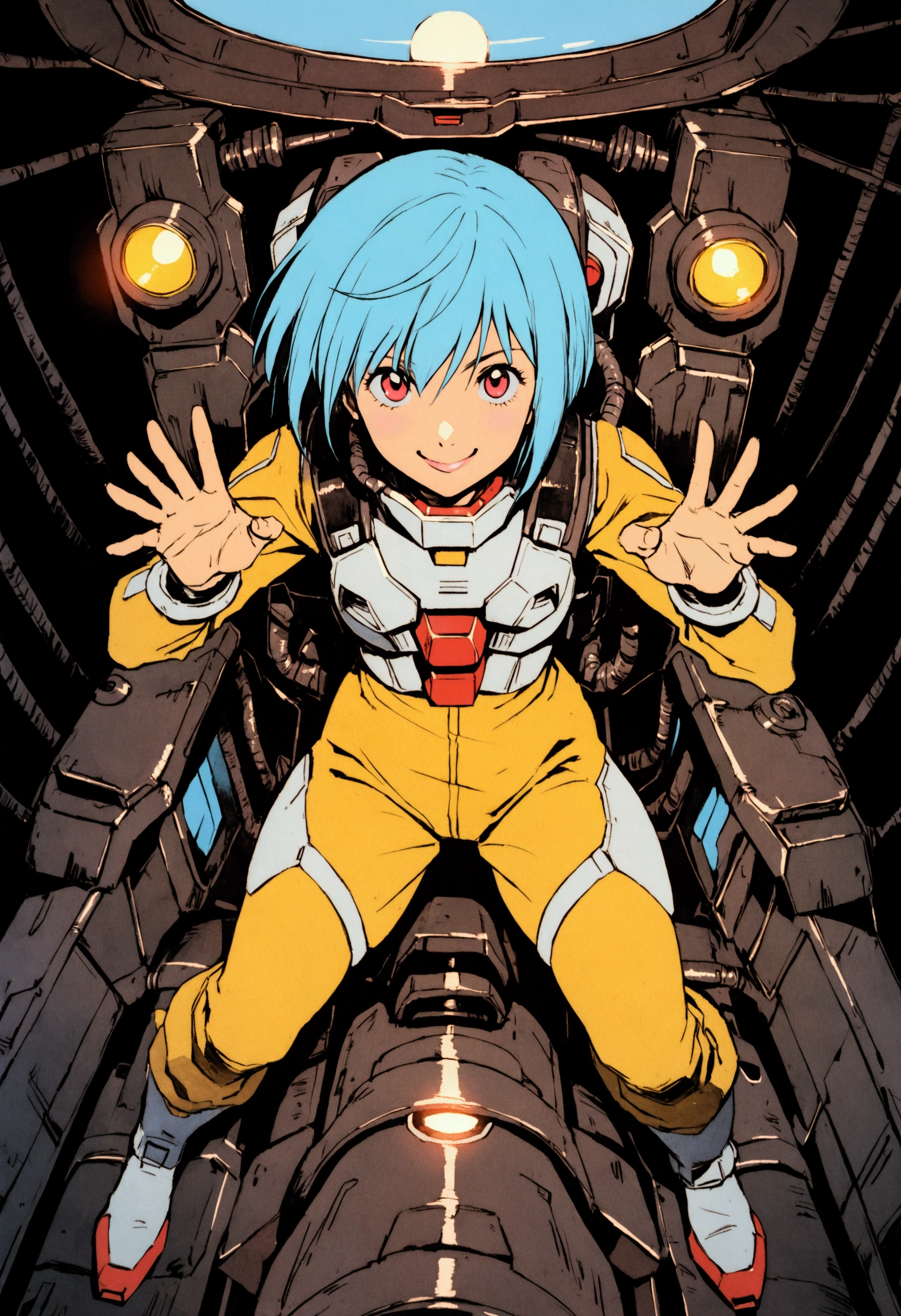 Gundam Wing Cockpit、Futuristic Suit、20-year-old、Very beautiful woman、solo、Blue Hair、Bobcut、The meter lights up、Guts pose、smile、Dynamic pose、Shooting from above with a wide-angle lens。