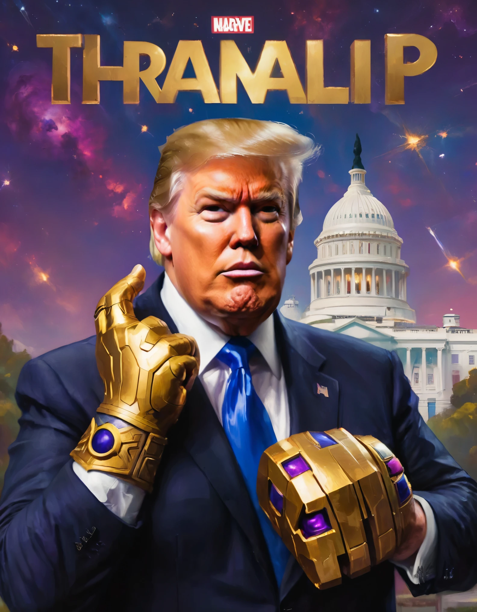 Donald Trump (bandage on right ear) in a triumphant pose, He is portraying villain Thanos, wearing the Infinity gauntlet, white house in background. text 'I AM INEVITABLE' written in big letters along the right side of the screen
