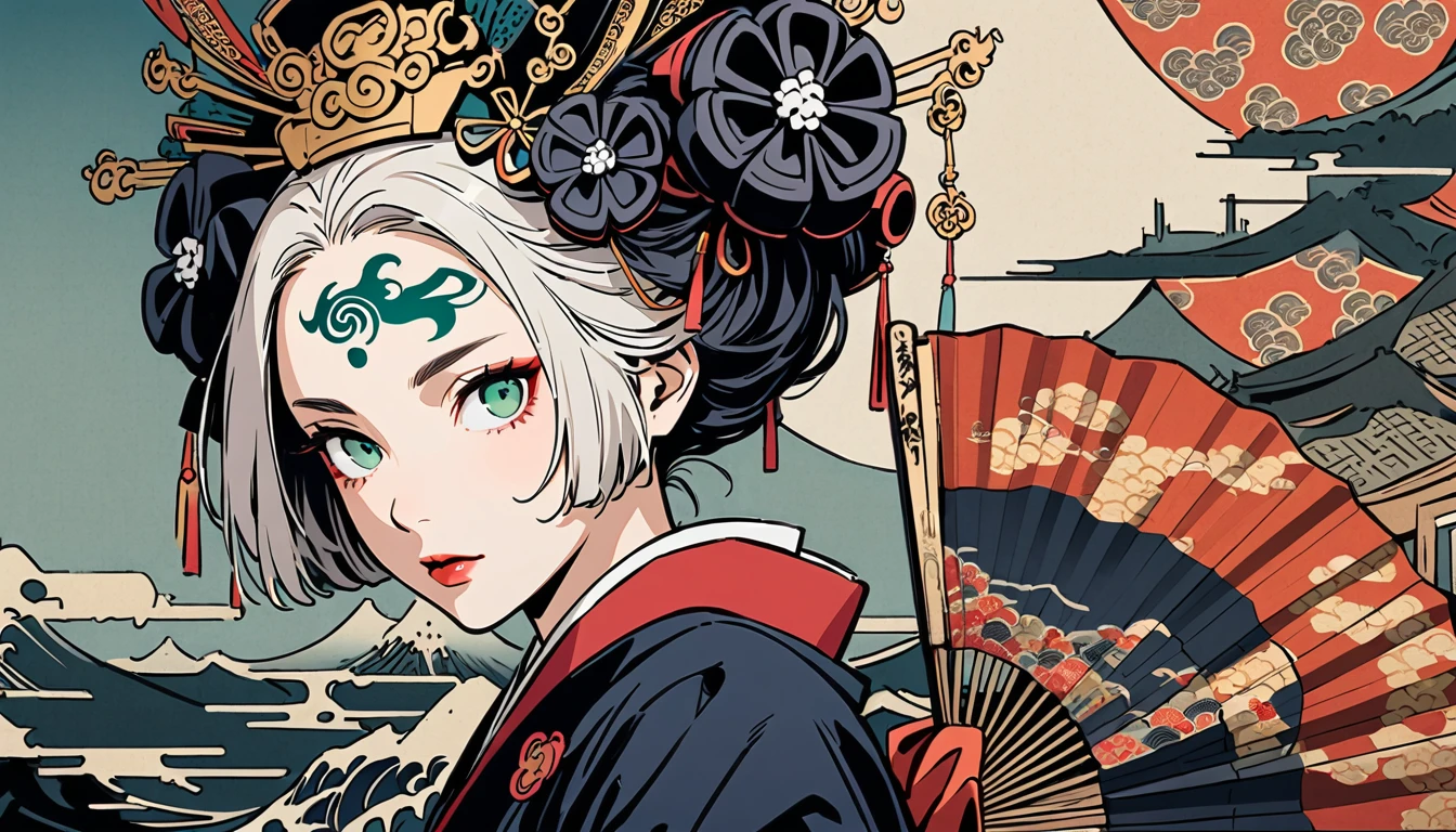Ink painting, (((1 girl))), (((Tattoo in the middle of the forehead))),(((In the background is the Akatsuki moon))), (((dressed as a samurai))), (((Japanese fan bearing))), (((Oiran))), (((Great hair accessories))), Japanese style headphones, Demon possession, (((Green eyes with engraving inside))),Face up close, Japanese beauty, White hair, Sensitive and precise, Modern Ukiyo-e style, Highest quality, katsushika hokusai, (((Elements of horror))), beautiful girl, Sensitive and precise, Modern Ukiyo-e style, Cyberpunk city