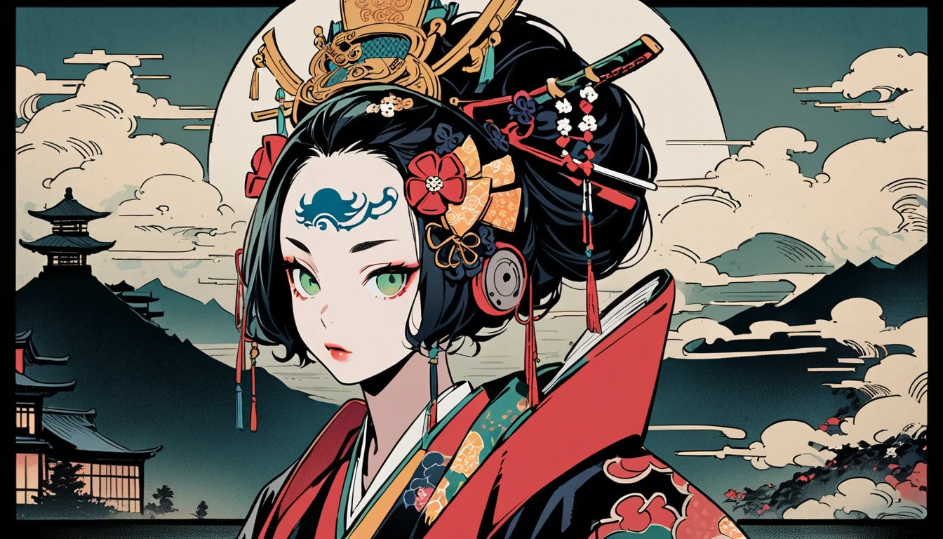 Ink painting, (((1 girl))), (((Tattoo in the middle of the forehead))),(((In the background is the Akatsuki moon))), (((dressed as a samurai))), (((Japanese fan bearing))), (((Oiran))), (((Great hair accessories))), Japanese style headphones, Demon possession, (((Green eyes with engraving inside))),Face up close, Japanese beauty, White hair, Sensitive and precise, Modern Ukiyo-e style, Highest quality, katsushika hokusai, (((Elements of horror))), beautiful girl, Sensitive and precise, Modern Ukiyo-e style, Cyberpunk city