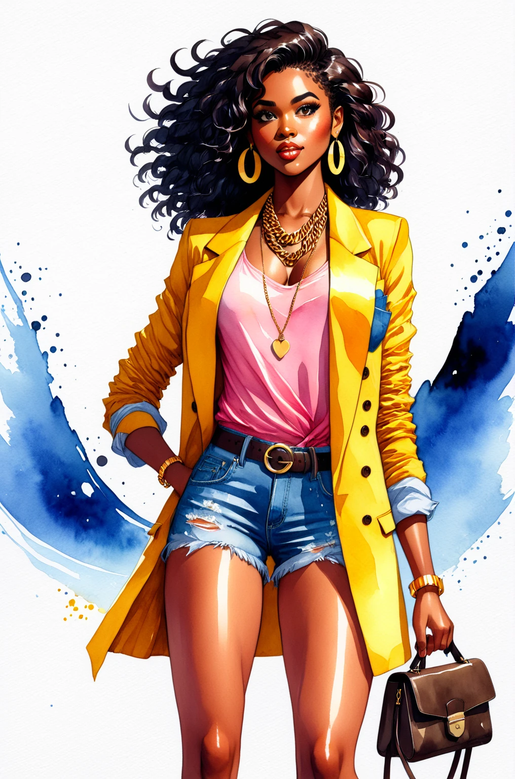 anime,Watercolor illustration of a female character. A beautiful 25-year-old black woman, she has dark wavy hair that falls in a cascade. She has striking eyes and freckles on her face. A woman is wearing a yellow blazer over a blue tank top and denim shorts..a brown belt. She is carrying a pink purse with a gold chain strap in her hand and wearing yellow high heels,vector art, cartoon style illustration,