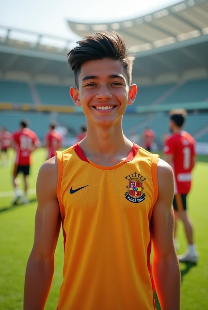 A 17 year old tall white Spanish football player with straight hair and a happy face wearing a training vest, in a background with a training field along with other players in the background