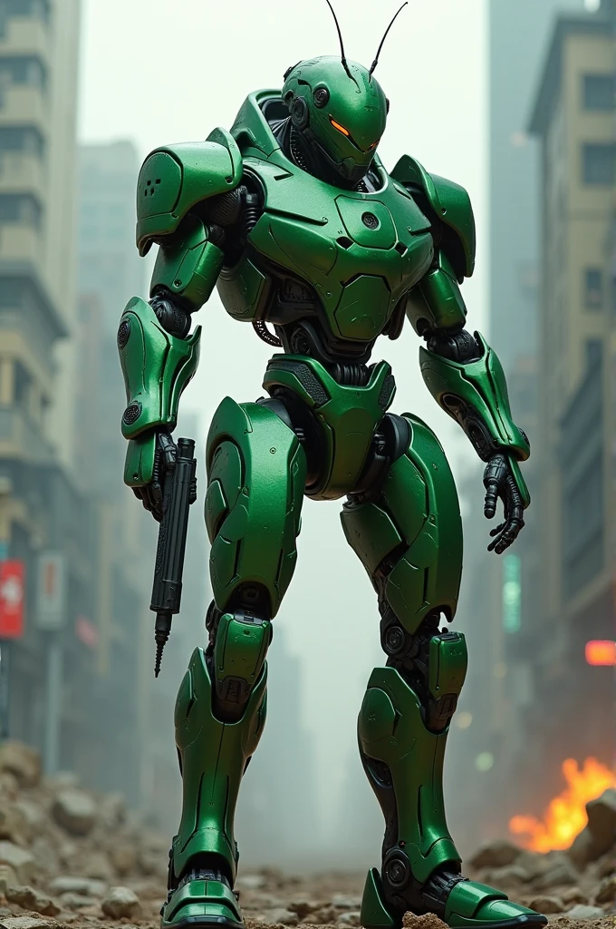 Cockroach like robot with green and black titanium colors, inspired by the essence of a cockroach and including a prominent cockroach symbol. The design is hyper-realistic, showcasing a sophisticated cyberpunk style, intricate details. Standing with weapon in battle wars