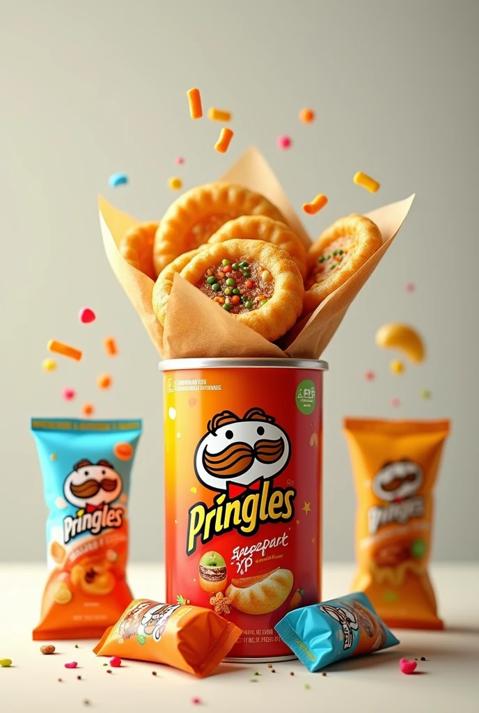 Create a picture with panipuri in a Pringles packet and three flavour of Pani Verity in a packet 