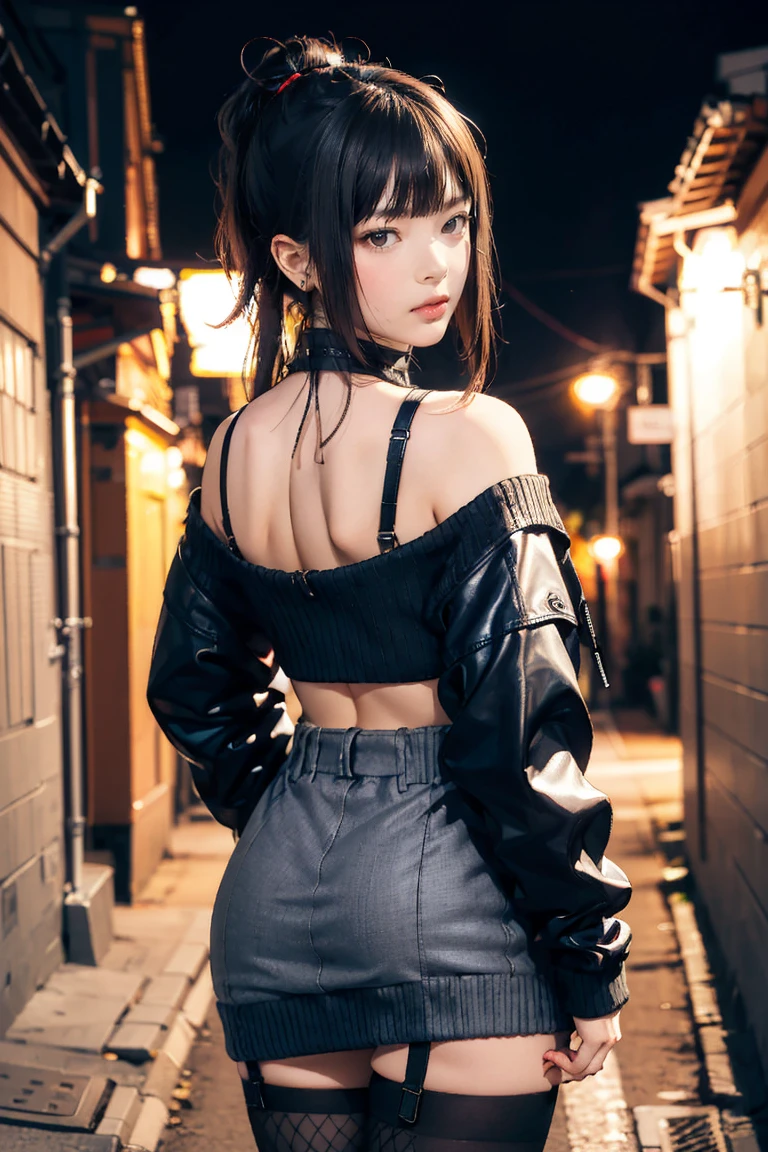 (((nsfw0.8))),Looking into the camera,(((Highest quality, 8k, masterpiece))), ponytail,Sharp focus, (Beautiful woman with perfect figure), thin, (Hairstyle: wonderful)), ((Back alley at night)), street: 1.2 Highly detailed face and skin texture Detailed eyes double eyelid random pose, (smile), Realistic Face, double eyelid,smile, Cyberpunk City , At sunset , Beautiful Teeth , Thigh straps, Wear a leather jacket、Off-the-shoulder sweater、Grey vertical rib sweater dress、Fishnet tights、garter belt、Night view、Full Body Shot, Centered,