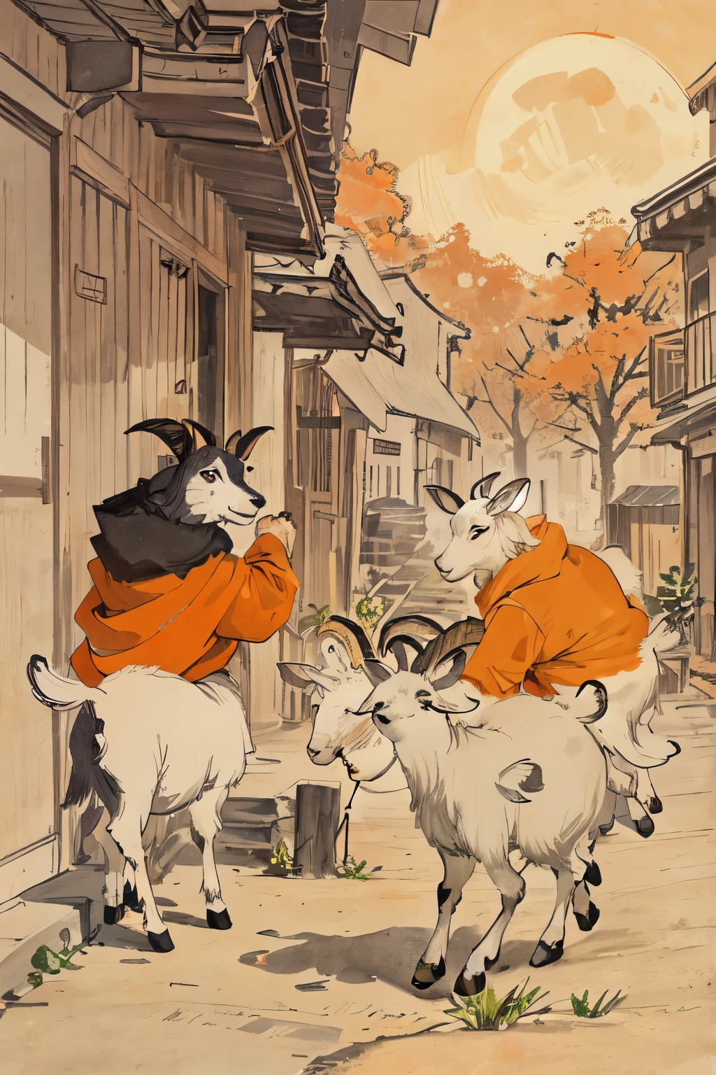 Three goats ,orange,cute,big eyes,masterpiece,full moon,alley