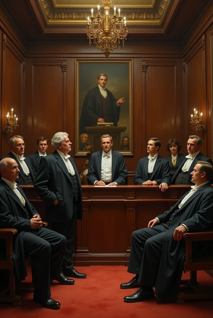 make a renaissance painting of a courtroom with several lawyers set in the 19th century