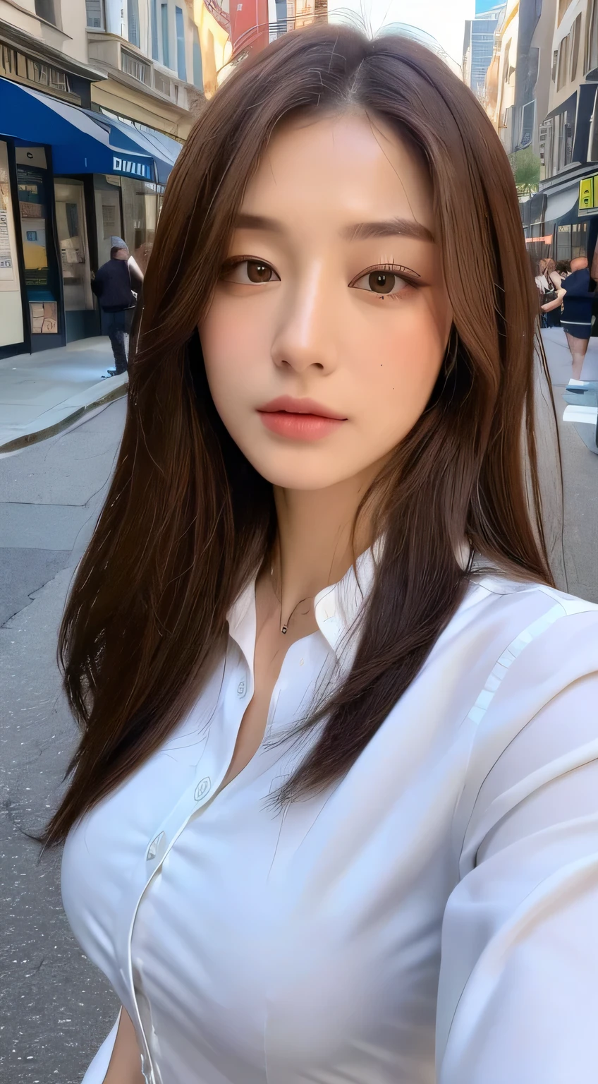 ((Best quality, 8k, Masterpiece :1.3)), Sharp focus :1.2, A pretty woman with perfect figure :1.4, Slender abs :1.2, ((Dark brown hair, Big breasts :1.2)), (White button up long shirt :1.1), City street:1.2, Highly detailed face and skin texture, Detailed eyes, Double eyelid