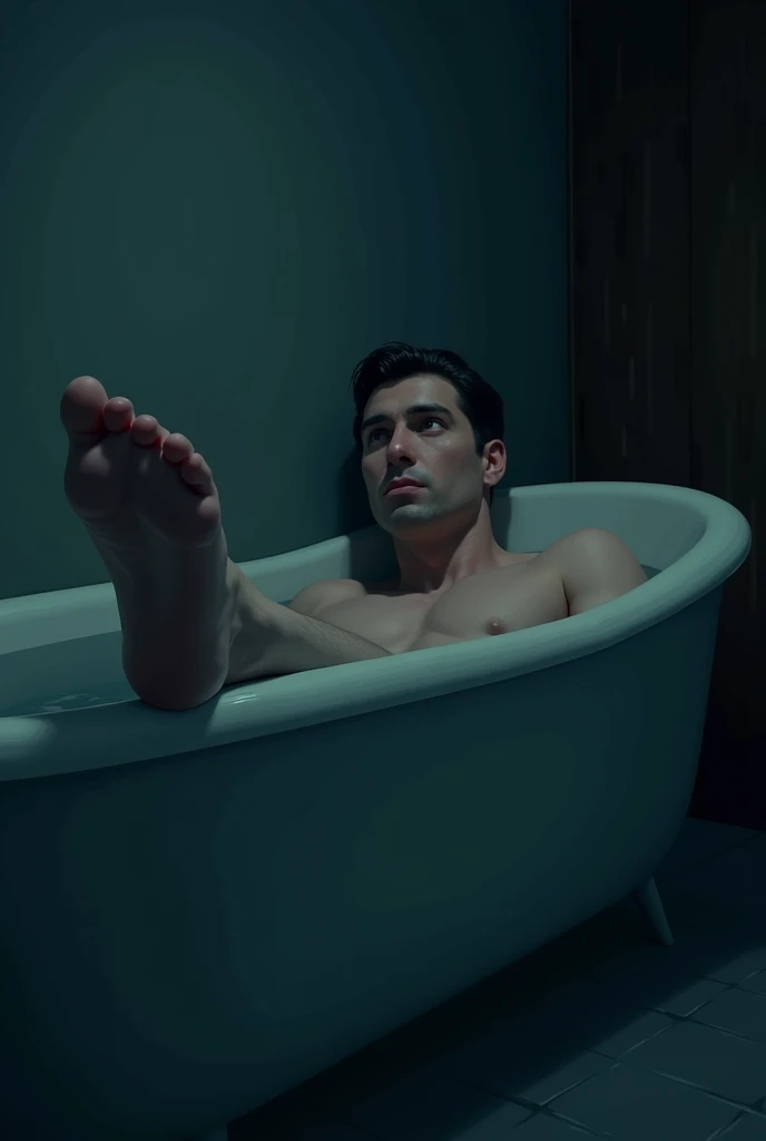 Foot in bathtub, view from head to toe of man lying in bathtub at night in room with lights on for men.