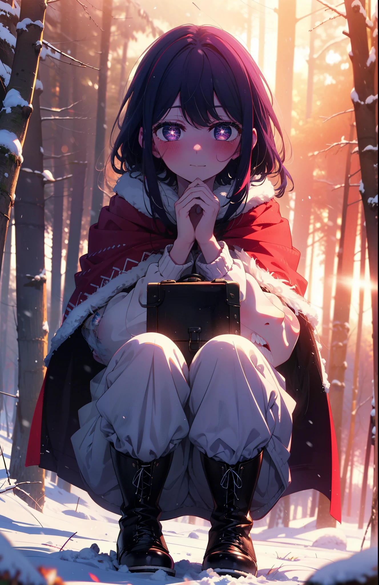 aihoshino, Ai Hoshino, Long Hair, bangs, (Purple eyes:1.1), Purple Hair, (Symbol-shaped pupil:1.5), smile,,smile,blush,white breath,
Open your mouth,snow,Ground bonfire, Outdoor, boots, snowing, From the side, wood, suitcase, Cape, Blurred, , forest, White handbag, nature,  Squat, Mouth closed, Cape, winter, Written boundary depth, Black shoes, red Cape break looking at viewer, Upper Body, whole body, break Outdoor, forest, nature, break (masterpiece:1.2), Highest quality, High resolution, unity 8k wallpaper, (shape:0.8), (Beautiful and beautiful eyes:1.6), Highly detailed face, Perfect lighting, Extremely detailed CG, (Perfect hands, Perfect Anatomy),