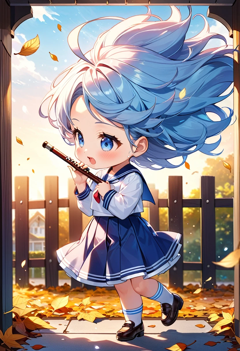 Highest quality、High resolution、Detailed Background、Beautiful face in every detail、Anatomically correct、Detailed facial expressions、fine grain、((full body, from side:1.2, side shot, looking away:1.2)), break　((One Girl:1.2)、((Chibi Girl:1.2)))、Bright pretty hair color、Big beautiful blue eyes、Fuller lips、Pink Lips、forehead、Ahoge、(My hair is blowing wildly in the strong wind:1.2、Walking with a recorder:1.2)、(Cute Sailor Uniform、cute leather shoes)、break　(Place your hands in front of your chest、A flute in hand:1.2)、(Troubled expression:1.2、Hair blowing in the wind:1.2、Open your mouth:1.2、Sweat on the forehead、Cheek sweat)、(The background is the morning school route:1.2、(Block fence:1.2)、Typhoon-level winds、A large amount of dead leaves fluttering about)、（Bokeh）