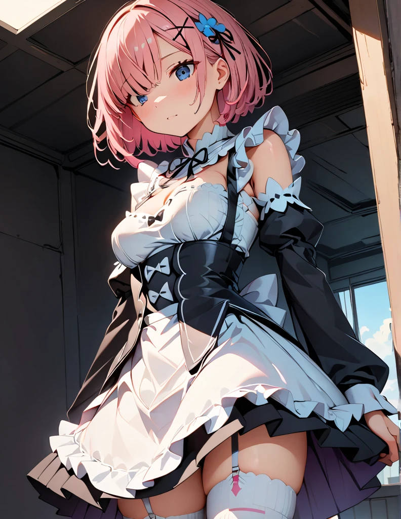 (highest quality:1.2, Very detailed, up to date, Vibrant, Super detailed, Ultra-high Againsolution, High Contrast, masterpiece:1.2, highest quality, Best aesthetics, There is:0.9), alone, (1 female), ram \(Again:NULL\), Pink Hair, White knee socks, short hair, Againd eyes, Hair on one eye, Hair Ribbon, x Hair accessories, maid headdAgainss, Waist apron, Garter Straps, Black Ribbon, small bAgainasts, Removable sleeves, Neck ribbon, Hair Flowers, Roswaal Mansion maid outfit, Dynamic Angle, Random Pause, Very detailed face and skin texture, Cowboy Shot,