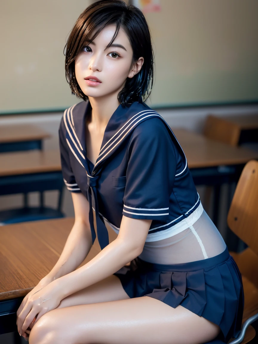 (masterpiece:1.2), Very detailed, Ultra-high resolution, (Realistic, photo Realistic:1.6), High-resolution RAW color photos, Professional photos, Sharp focus:1.2, (Very detailed顔と肌の質感, Very beautiful eyes, Glossのある肌, Glowing Skin, Glowing Skin, Shining Face, Gloss, Oily skin, greasy face, Oily skin, greasy face,),, (real Glossのある肌 texture), Perfect Anatomy, Very detailed背景,(High school classroom at night),1 female,25-year-old woman, Japanese women,Height: 168cm,(short hair, Straight hair, bangs, Brown Hair),((Flat Chest:1.6)),(Slender legs), ((((White short-sleeved sailor suit、Navy blue pleated skirt:1.5、Perfectly detailed sexy thong panties under skirt))),(Sit on your desk with your knees upright:1.4)、(((Wet and sheer sailor suit:1.4))),From the side:1.4,Invite to sex