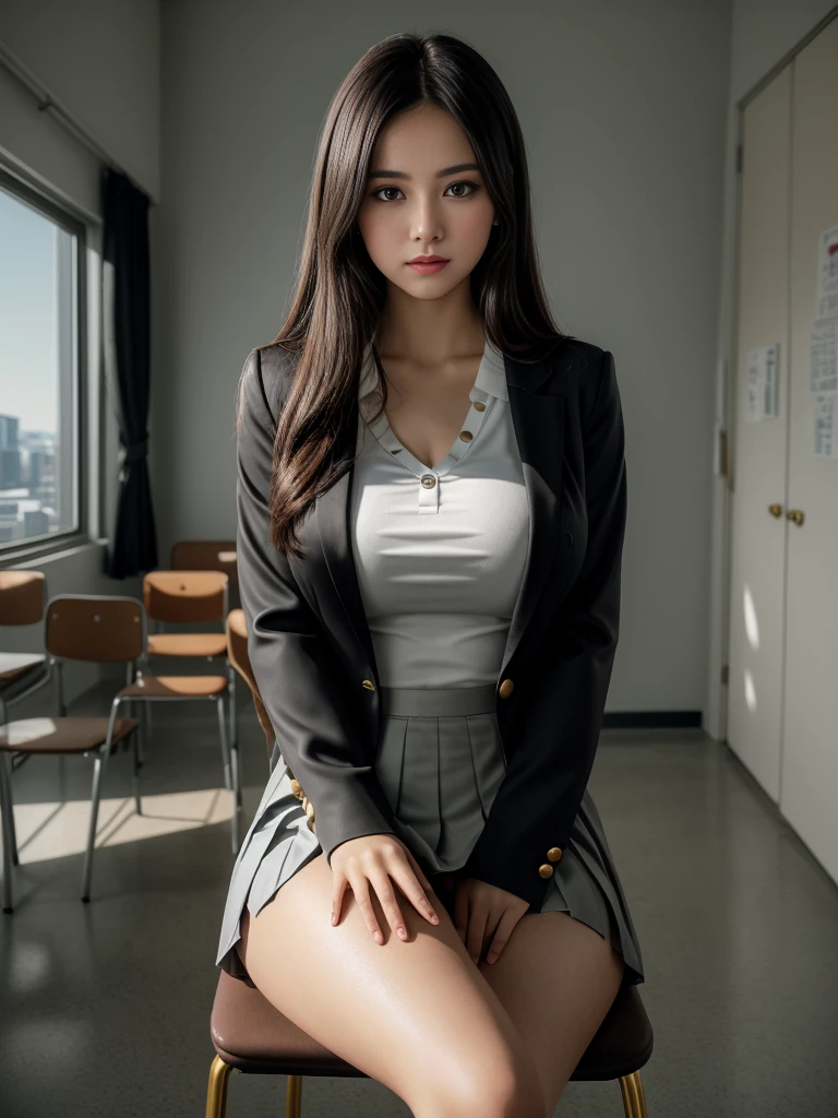 At school, classroom, girl, , beautiful, would be, blushing, angry, /(extremely long straight hair, almond-shaped eyes, hourglass-shaped athletic body, large breasts, medium hip, medium waist, shapely legs, perfect fingers, Greek nose, perfect hands, triangular face,), /(uniform: white V-neck blouse long sleeves, gray pleated mini skirt, black satin blazer with gold buttons, black pantyhose,), sitting, chair, crossing her legs, full body, masterpiece, absurdres, nikon d850 film stock photograph, kodak portra 400 camera f1.6 lens, extremely detailed, amazing, fine detail, rich colors, hyper realistic lifelike texture, dramatic lighting, cinestill 800 tungsten, photo realistic, raw photo, high quality, highres, sharp focus, extremely detailed, cinematic lighting, 8k uhd,