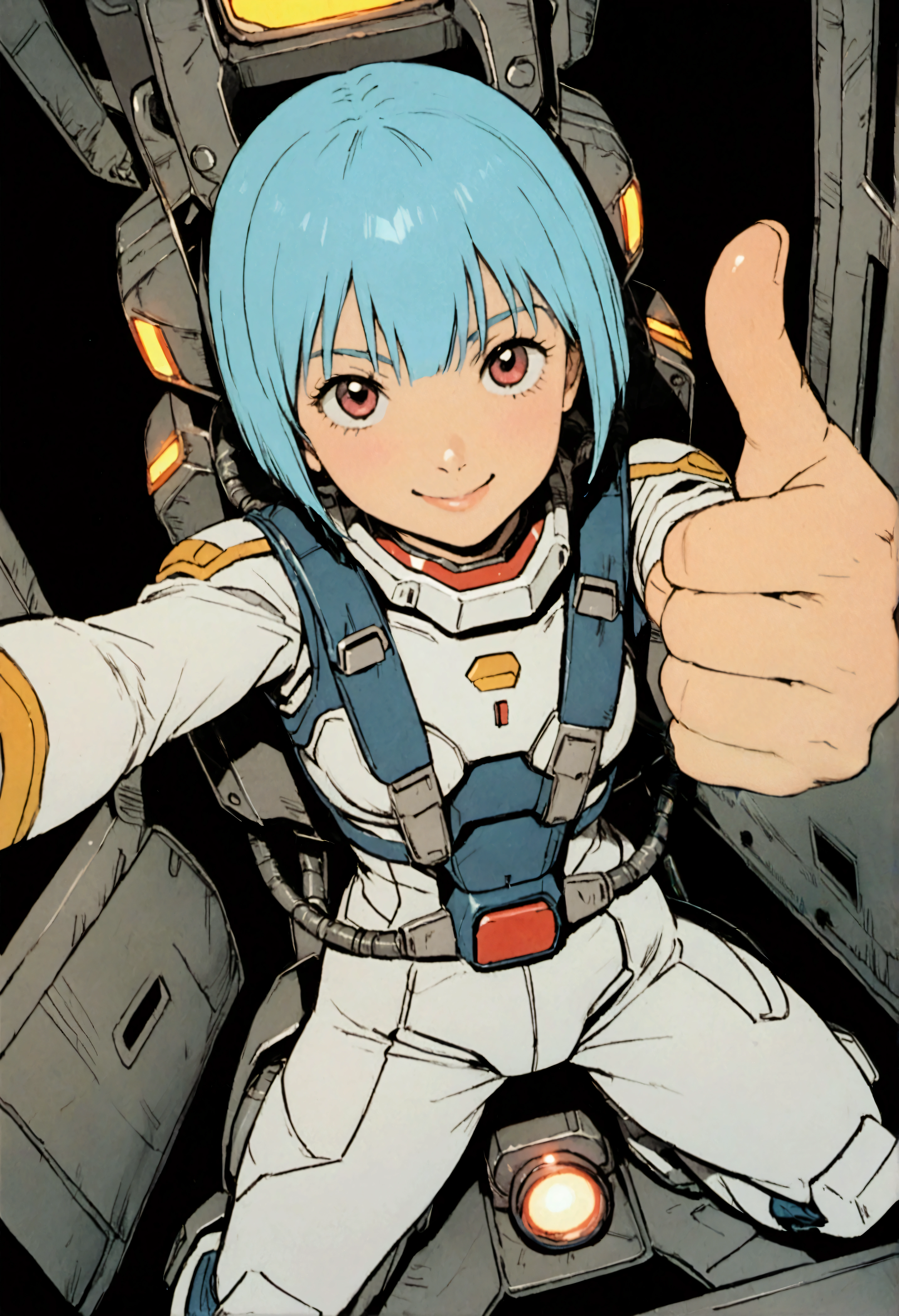 Gundam Wing Cockpit、Futuristic Suit、20-year-old、Very beautiful woman、solo、Blue Hair、Bobcut、The meter lights up、Guts pose、smile、Dynamic pose、Shooting from above with a wide-angle lens。