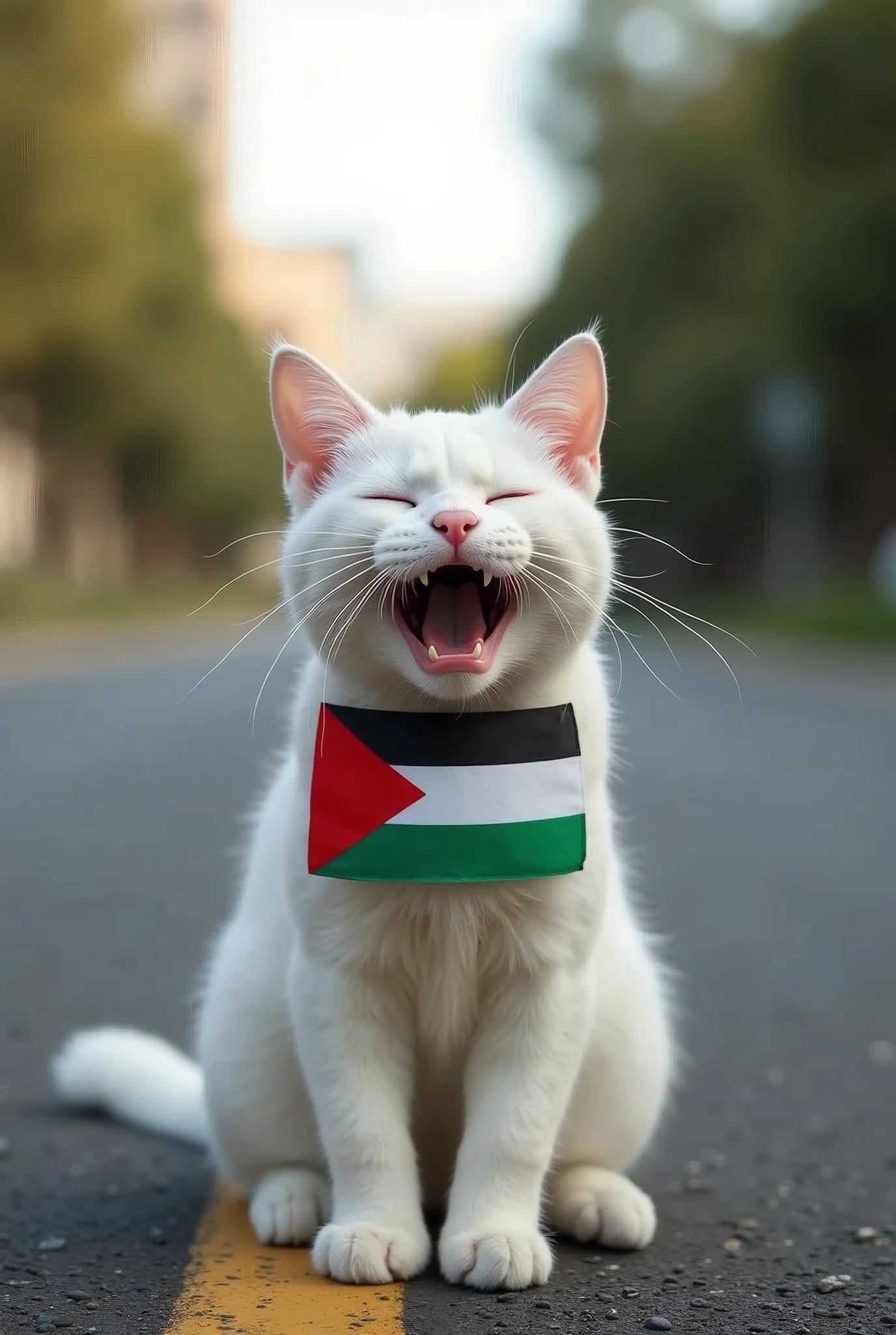 A funny cat, white, with palestine flag in his body, crying in the middle of the road