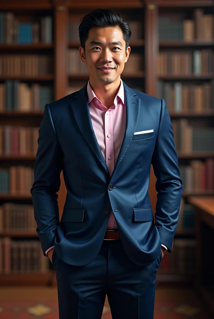 YouTube Presenter Prompt. Asian man, 35 years old, handsome and elegant, Wearing a uniform, suit,masculine and muscular handsome, Muscles look good, strong body with clear skin,(thin eyes blue 1.3), full body photo to the floor (Ultra -detailed, photo realistic, best quality, 8K, high resolution, artwork:1.3), a mature, charming and distinguished man, (muscular build body in blue suit) wears a pink shirt under his suit, tailored, and no tie, closed, top casually, perfectly fitted pants, sweat, shirt with buttons, face with details, pants blue, fitted, red shoe, horny, Accessories include a luxury wristwatch and hands free out of pockets and discreet, and a leather belt, but elegant, in the photo studio,Looking at the viewer, very tall library background with many books on criminal law.