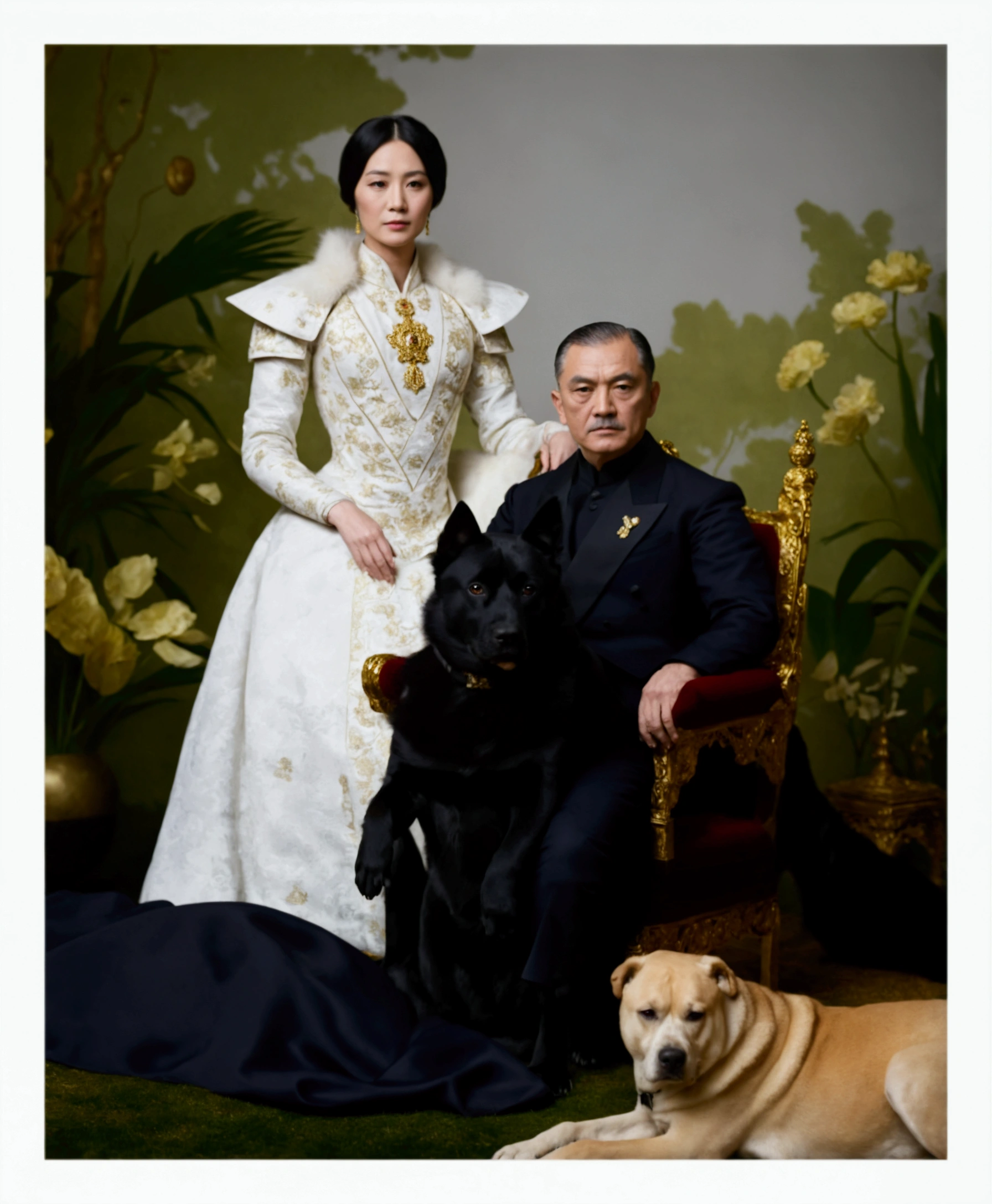 woman empress with dark hair short , the emperor husband sits on a golden chair , in the arms a black dog with a white chest, There are two dogs lying below , one light and one black 