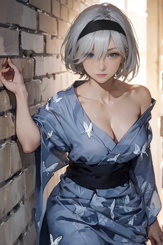 {(slender body:1.2),(small breasts),(carefully drawn eyes:1.4),(captivating eyes:1)},
BREAK,{(sensual look:1.4),(erotic face:1),(very ecstasy:1.2),(writhing:1.4),half open eye},
BREAK,{(realistic anime illustration style:1),(watercolor image:1.2),(sketch drawing),overall light color},
BREAK,{(look away:1.2),(obscene pose:1.2),(arched back:1.2),(arch your neck:1.4)},
BREAK,{(Part of the stucco wall is ivory_white_brick),(ivy crawl on the wall:1.4),(out of focus background:1.8)},
BREAK,{(black headband:1.4),((butterfly pattern on pearl_colored yukata:1.4),(disheveled yukata:1.4)},
BREAK,{(clavicle:1.2),(cleavage between breasts:1),(shoulder:1.2),(thigh:1.4),(armpits:1),(sweat on the neck:1.2)},
BREAK,{solo, (2B of Nier Automa:1.2)), (white_silver colored hair:1.4), short cut hair, (blue eyes,Shining beautiful eyes:1.4)},
BREAK,{(masterpiece,best quality, 8K UHD, extremely detailed CG, detailed beautiful face and eyes and skin and hair)}