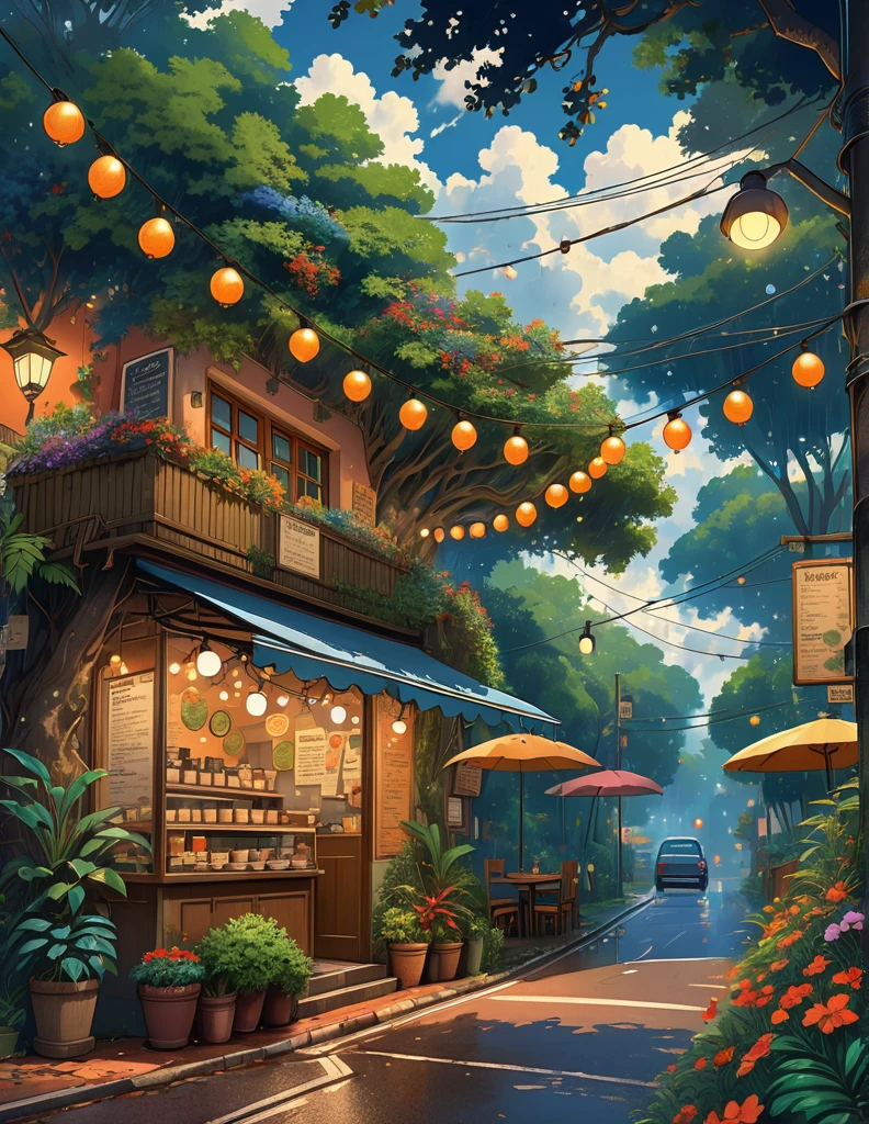 super wide perspective, string lights, hanging pots, ghibli anime scene, coffee shop in the woods, moody weather, leaves falling from tree, light bubble around street light, under a big banyan tree, street light, poles and wires, tropical leafy plant pots, menu board, sign board, long grass with wild flowers, in the middle of nowhere, vibrant color tones, ghibli style, no humans, scenery, masterpiece, high resolution 