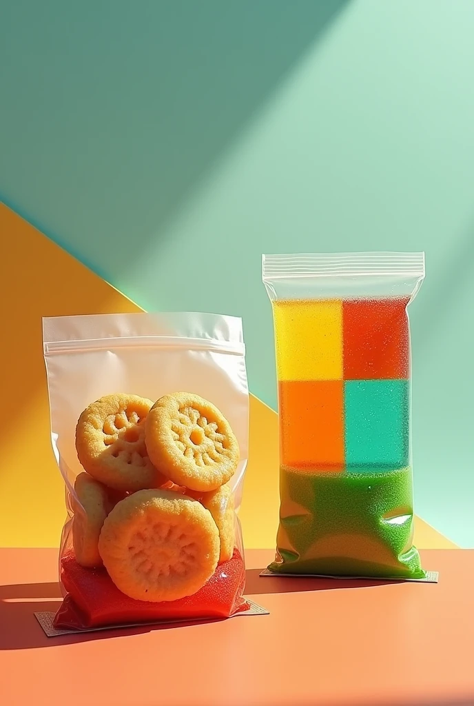 Create a picture with panipuri in a packet and three flavour of Pani Verity in a packet 