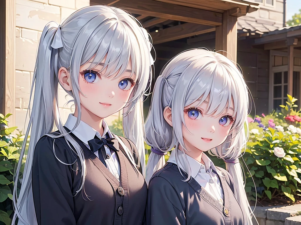 master piece,best quality, detailed beautiful face and hair, ,score_9, (((((1girl))))),,silver hair,Long hair((high twintails)) , Collared shirts and cardigans, ,(((Make the outline of your hair clearer )))、Smile、garden,(((face)))
