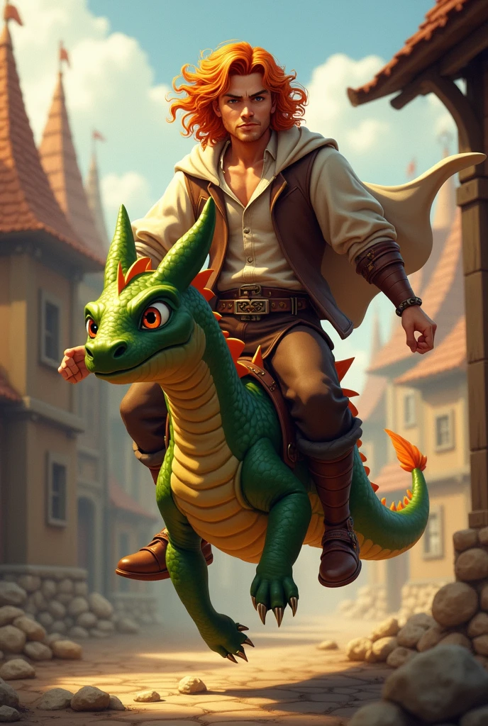 (photorealism:1.2), handsome man, riding a little dragon, wearing medieval clothes, medieval pants, mid-long curly orange hair, orange eyebrown, amber eyes, sunlighting, rooftops of a medieval Town at the background, enérgico pose, realistic, intricate details, warm colors, warm skin.