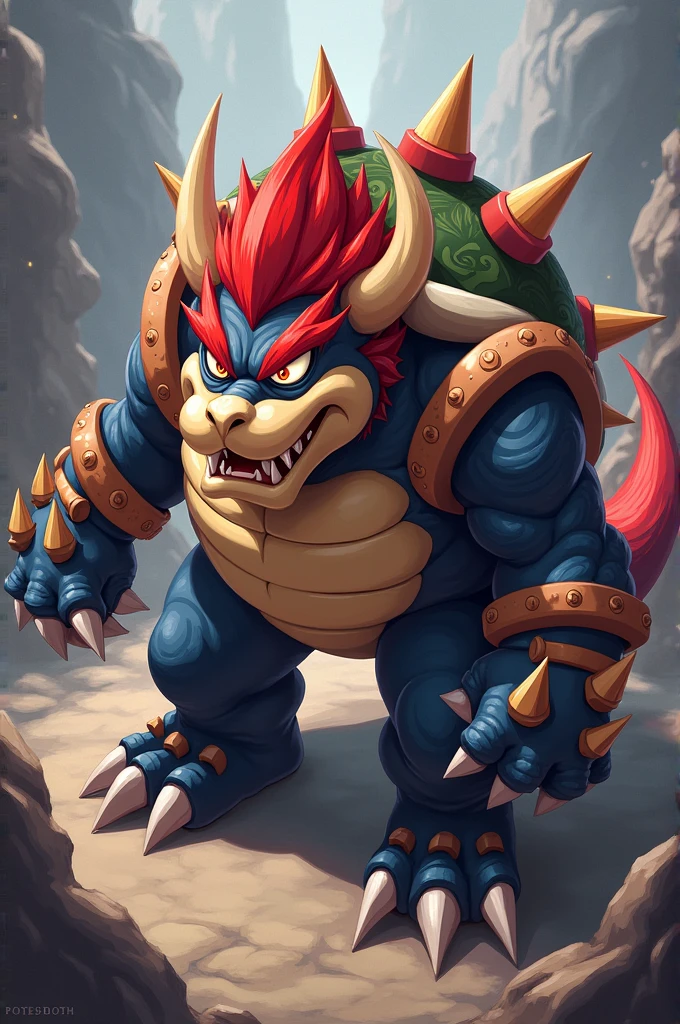 bowser lucario devil dragon monster , from side top above, angry, hero devil dragon standing, Special Effects pokemon anime style art. devil dragon hero bowser chibi furry Overall form. show the lucario tail.