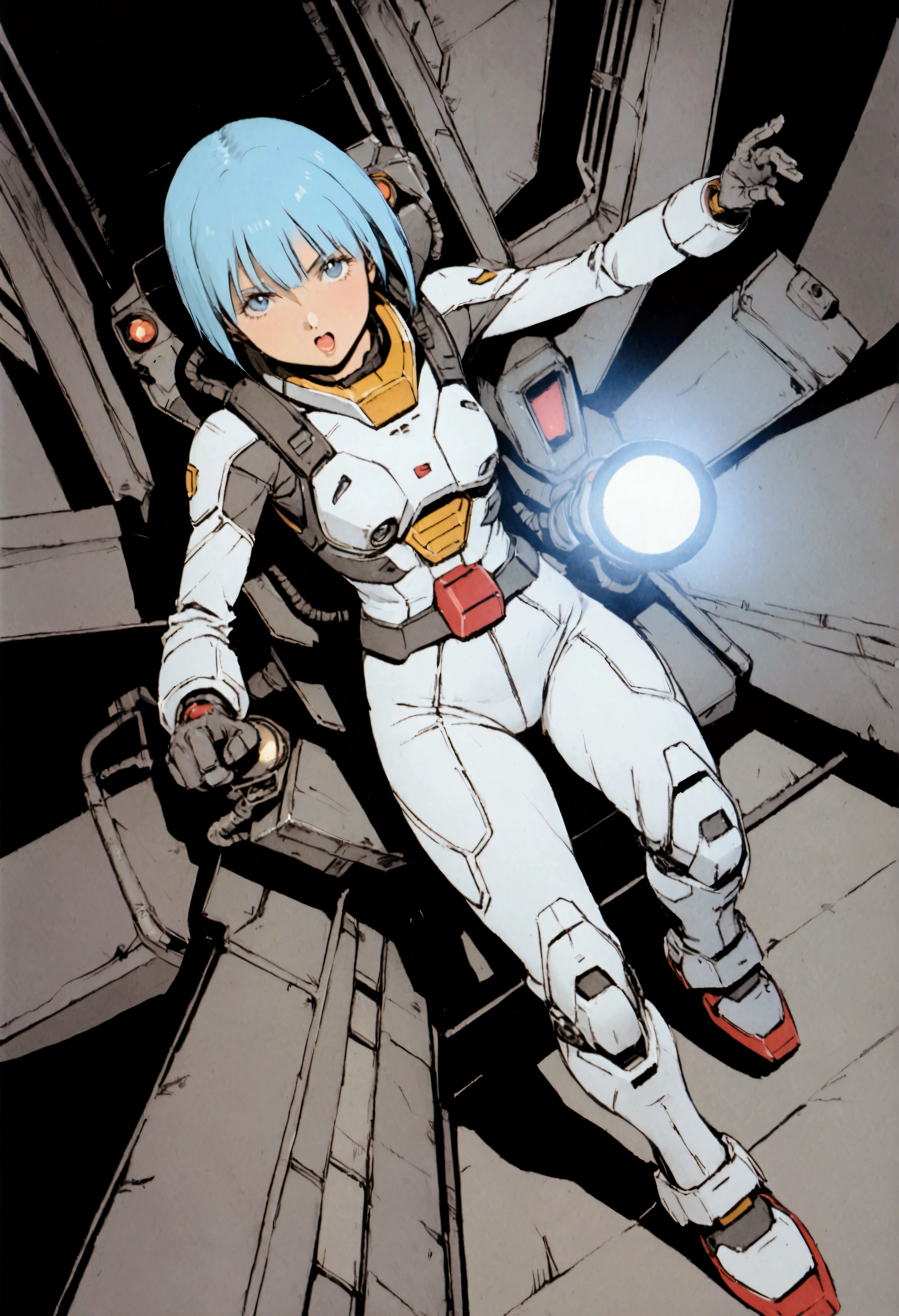 Gundam Wing Cockpit、Futuristic Suit、20-year-old、Very beautiful woman、solo、Blue Hair、Bobcut、The meter lights up、Look diagonally upwards and shout、Dynamic pose、Shooting from above with a wide-angle lens。