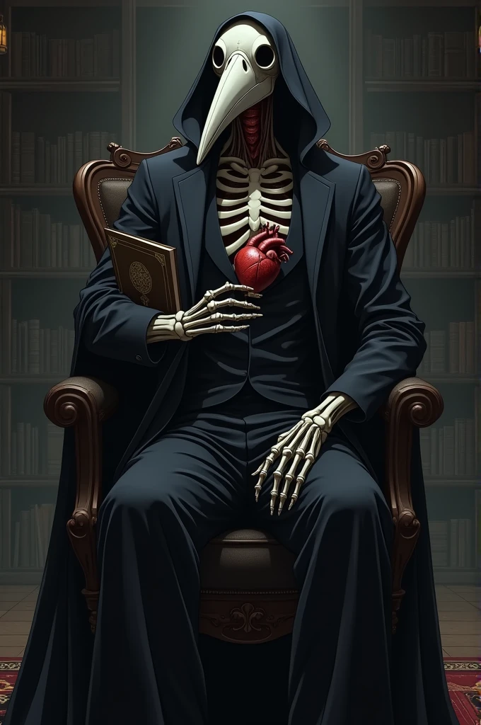 Create a vertical anime style image, highly detailed, from an imposing doctor. The doctor is dressed in an old-fashioned black outfit, similar to that of a plague doctor, with a long black cape and a beak-shaped mask. The doctor's body incorporates anatomical elements, but only on the hands or parts of the torso, like skeletal arms with visible muscles and nerves. The background is dark and ominous, resembling an intimidating consulting room or a library, without the presence of skeletal or muscular elements. The doctor is in an elegant pose, whether sitting or standing, holding a beautifully crafted book or a human heart, adding a creepy and authoritarian touch