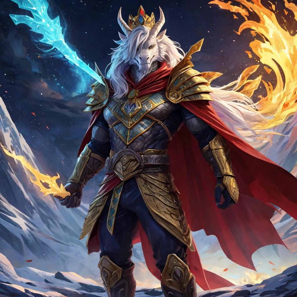 A majestic and imposing anthro ice dragon standing proudly atop a frosty cliff, the vast expanse of the Ice Dragon Kingdom stretching out beneath him. His scales, a deep shade of black, gleam with the icy shimmer of the moonlit night, while strategically placed purple plates, reminiscent of the frozen tundra's twilight, adorn his muscular body. At an impressive 7.3 feet in height, his powerful stature is further accentuated by his long, flowing white hair that cascades down his back, a stark contrast to the darker tones of his form. As the rightful prince of this realm, he dons a resplendent gold plate armor, each piece intricately designed to mimic the sharp edges of ice crystals. A fiery red cape billows dramatically in the crisp wind, fastened at the neck with an emblem of his lineage. His left arm is bare, showcasing his dragon-like strength and scales, while his right arm is enveloped in a crimson gauntlet that matches the cape. A symbol of valor, a black sword of the champion is sheathed at his side, its leather-wrapped hilt adorned with gleaming gold accents. His left eye is obscured by a leather eye patch, held in place by rugged straps that hint at a tale of valor and loss. On his head, a golden laurel wreath rests, a crown of victory that speaks of his prowess in battle. The prince's gaze is fixed in the distance, a silent promise to protect his kingdom with every ounce of his being. His posture exudes confidence and command, as he stands as the undisputed Commander of the Imperial Guard, ready to lead his people into the light of a new dawn.