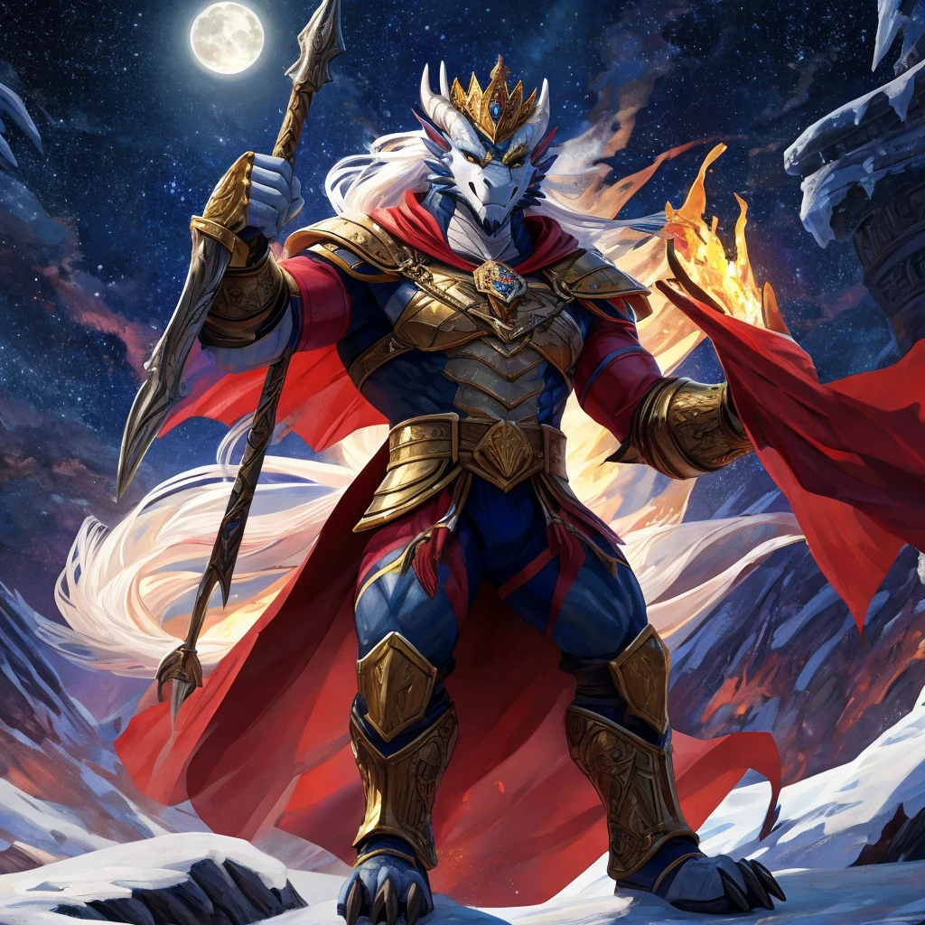 A majestic and imposing anthro ice dragon standing proudly atop a frosty cliff, the vast expanse of the Ice Dragon Kingdom stretching out beneath him. His scales, a deep shade of black, gleam with the icy shimmer of the moonlit night, while strategically placed purple plates, reminiscent of the frozen tundra's twilight, adorn his muscular body. At an impressive 7.3 feet in height, his powerful stature is further accentuated by his long, flowing white hair that cascades down his back, a stark contrast to the darker tones of his form. As the rightful prince of this realm, he dons a resplendent gold plate armor, each piece intricately designed to mimic the sharp edges of ice crystals. A fiery red cape billows dramatically in the crisp wind, fastened at the neck with an emblem of his lineage. His left arm is bare, showcasing his dragon-like strength and scales, while his right arm is enveloped in a crimson gauntlet that matches the cape. A symbol of valor, a black sword of the champion is sheathed at his side, its leather-wrapped hilt adorned with gleaming gold accents. His left eye is obscured by a leather eye patch, held in place by rugged straps that hint at a tale of valor and loss. On his head, a golden laurel wreath rests, a crown of victory that speaks of his prowess in battle. The prince's gaze is fixed in the distance, a silent promise to protect his kingdom with every ounce of his being. His posture exudes confidence and command, as he stands as the undisputed Commander of the Imperial Guard, ready to lead his people into the light of a new dawn.