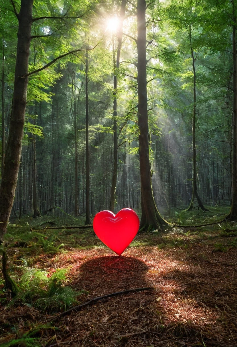 a surreal red heart in a forest clearing, (best quality,4K,8k,highres,​masterpiece:1.2),Ultra-detail,(Realists,photoRealists,photo-Realists:1.37),elaborate details,cinematic lighting,The Fantasy,Digital Drawing, Very detailed,Film composition,keen focus,photoRealists,hyperRealists,mystical,Ethereal,fantastic,exhilarated,noticeable,dream-like,conceptual,imaginative