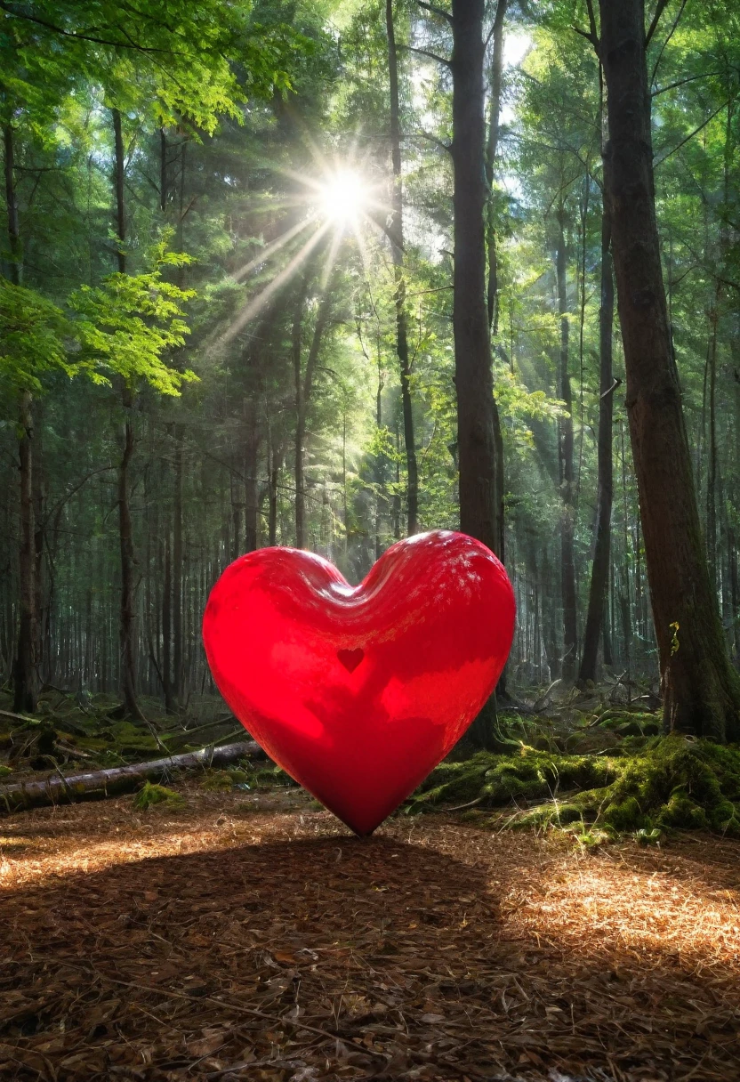 a surreal red heart in a forest clearing, (best quality,4K,8k,highres,​masterpiece:1.2),Ultra-detail,(Realists,photoRealists,photo-Realists:1.37),elaborate details,cinematic lighting,The Fantasy,Digital Drawing, Very detailed,Film composition,keen focus,photoRealists,hyperRealists,mystical,Ethereal,fantastic,exhilarated,noticeable,dream-like,conceptual,imaginative
