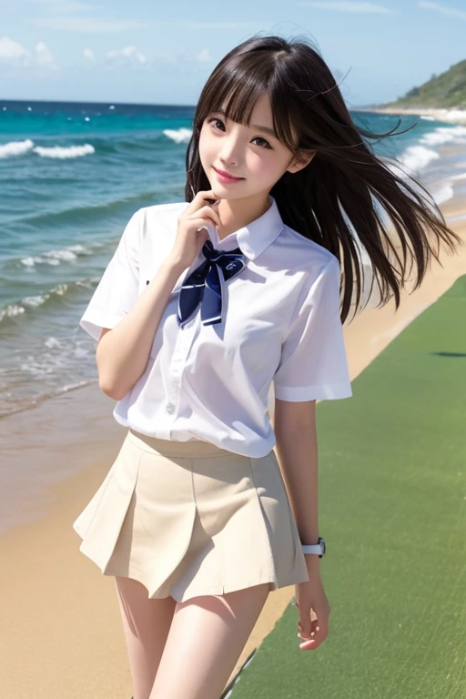 Cute Girls､high school girl､uniform､mini skirt､See-through､Fluttering in the wind､Ocean､Sandy Beach