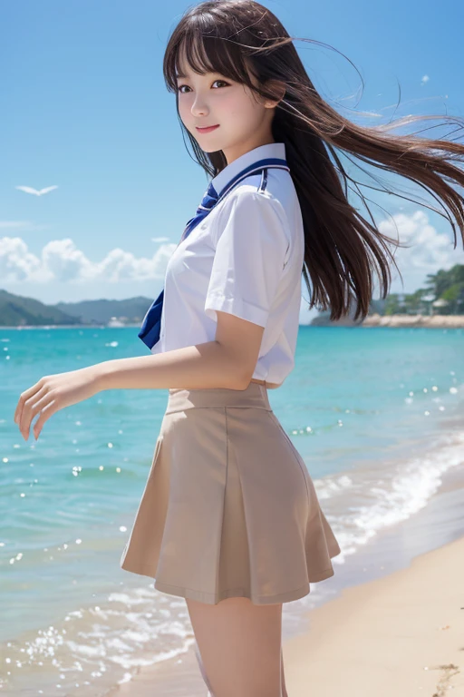 Cute Girls、high school girl、uniform、mini skirt、See-through、Fluttering in the wind、Ocean、Sandy Beach