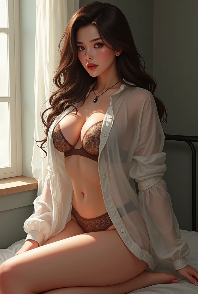 Sexy young girl,Korean, Brown Hair, black eye, Random color short skirt, A white shirt with a detailed design, Big Ass, Bend your body, Perfect cleavage、Intricately designed lingerie、nude , naked , Random pose、Active Angle、Random outfit、Very large breasts、(Long Hair,Intricate hair arrangement)、Realistic skin textures、Simple Necklace、Lingerie with detailed and random designs、Playboy model poses、Shiny hair、Slightly visible nipples、I can see the nipples、