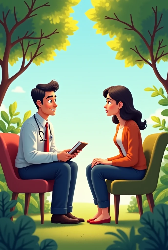 Psychologist man wear work uniform take notebook
with him women client are like addictive in out door
And sit on chear in animation